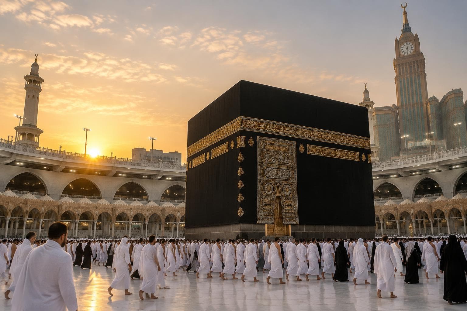 Grand mosque exterior at dusk with soft warm lighting and pilgrims walking calmly