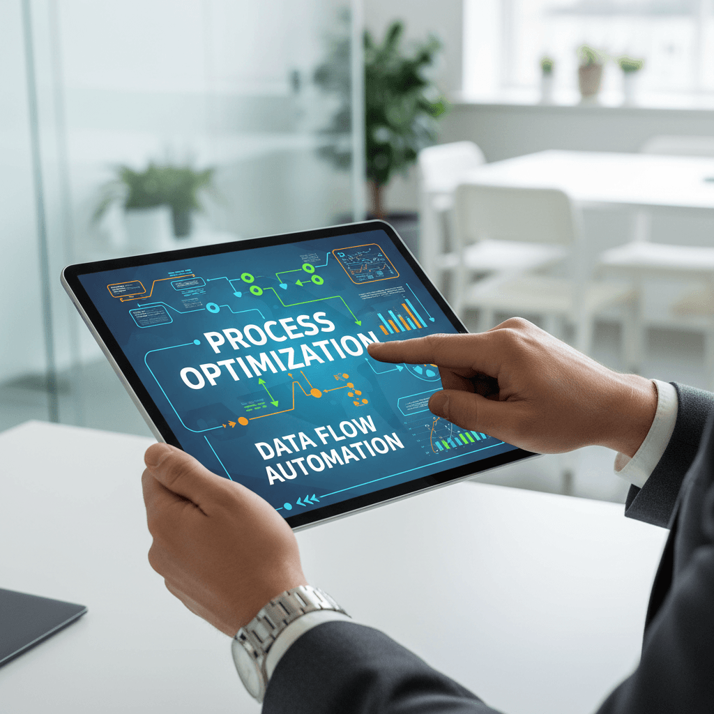 Professional explaining steps with hands and a tablet in a bright office