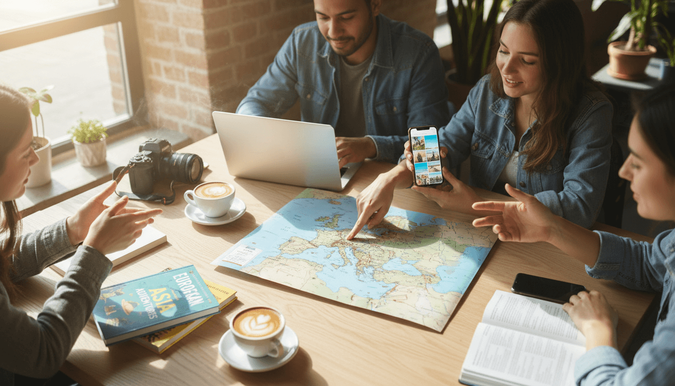 Diverse group planning travel together at a table with documents