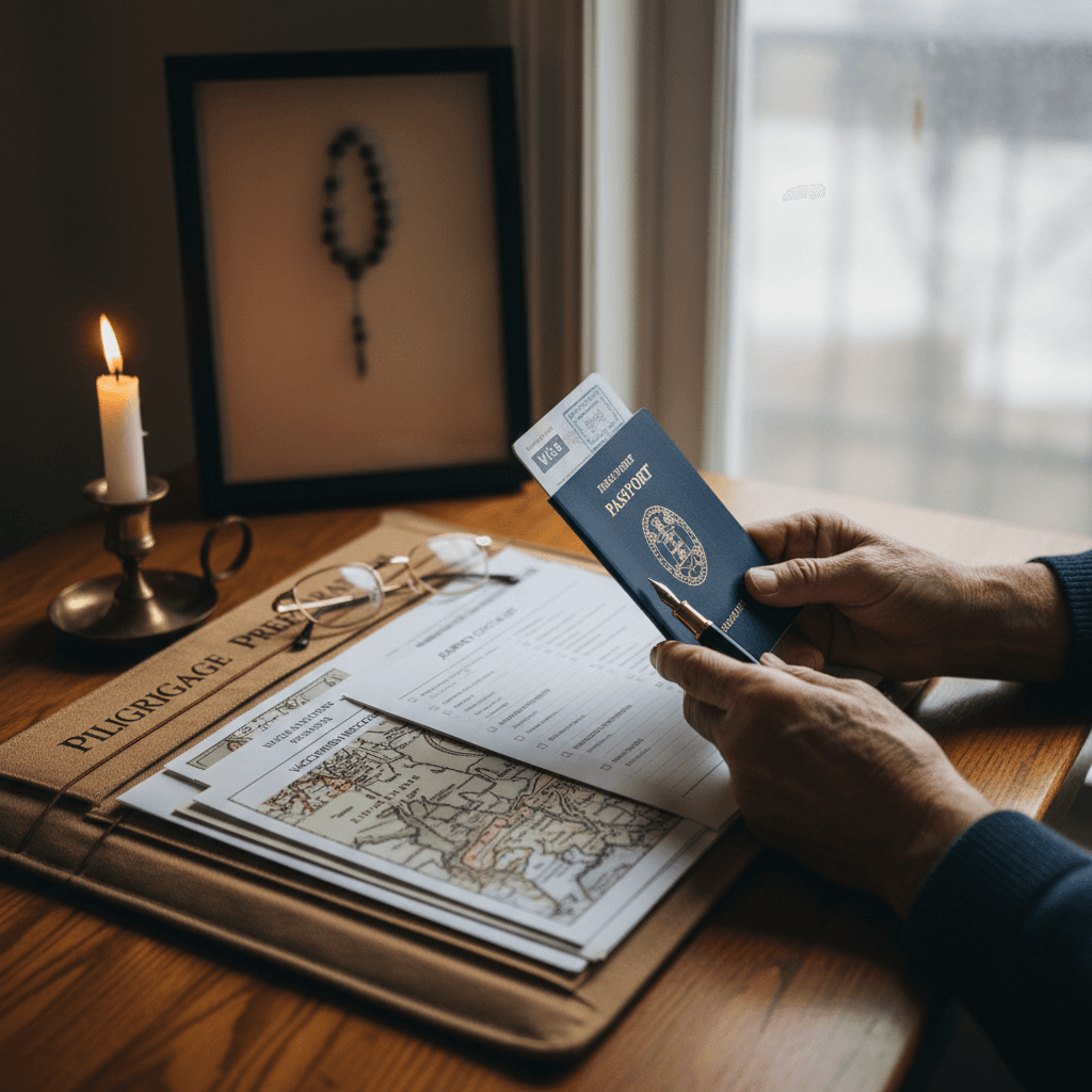 Pilgrims reviewing a printed travel itinerary together